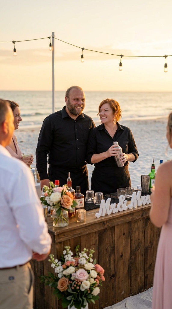 Melissa & Jason at beach wedding bar at sunset