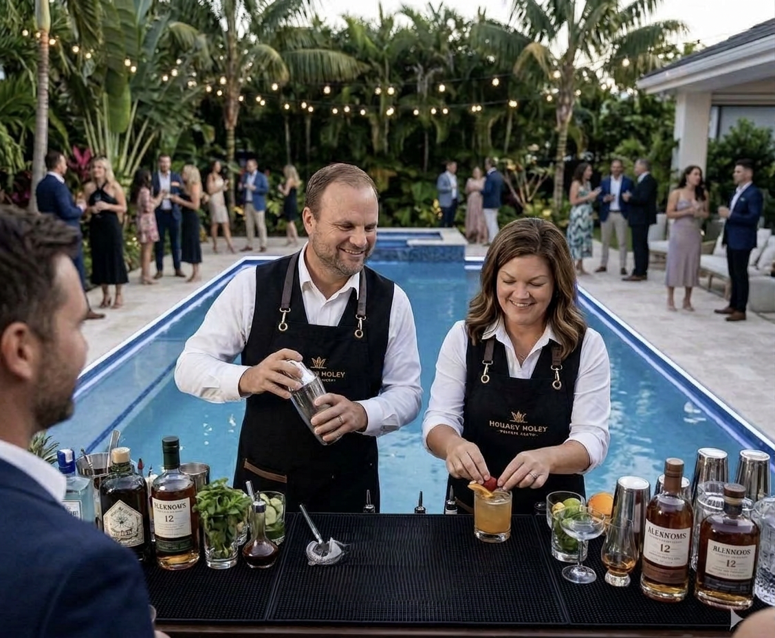 Poolside bartenders serving cocktails at a daytime private event