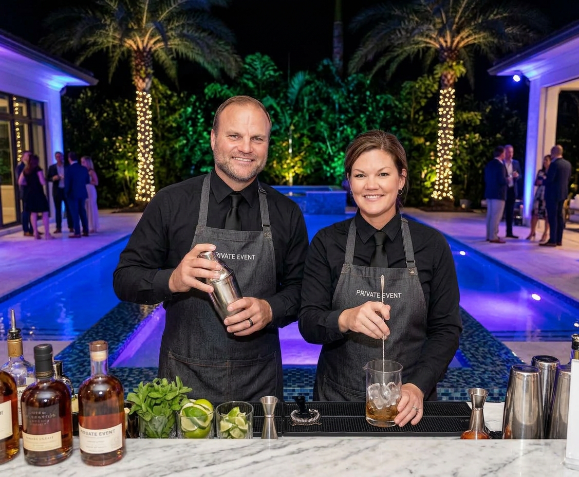 Bartenders at a nighttime poolside private event