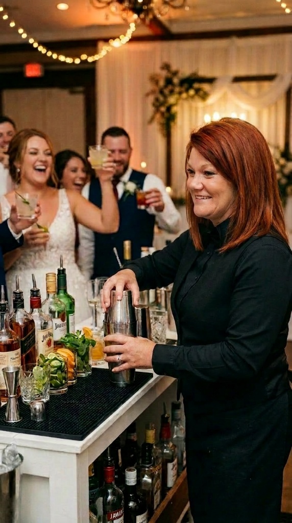 Melissa shaking cocktails at a wedding while guests cheer